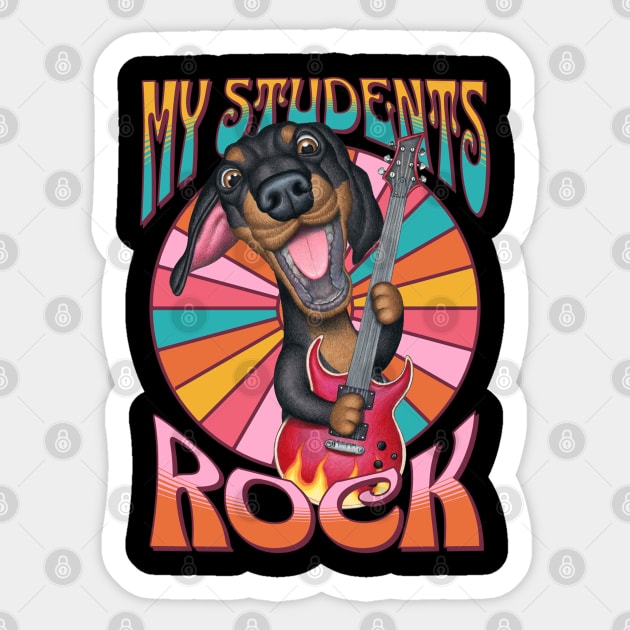 Fun colorful dachshund playing guitar for My students Rock Sticker by Danny Gordon Art